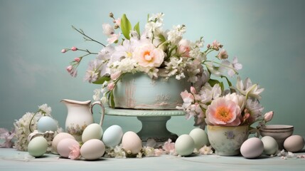 a table topped with a cake covered in frosting next to a vase filled with flowers and pastel eggs.