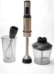Immersion hand blender with various attachments and two cups. Electric kitchen appliances for...