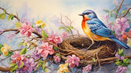  a painting of a blue bird sitting on top of a nest in a tree filled with pink and yellow flowers.