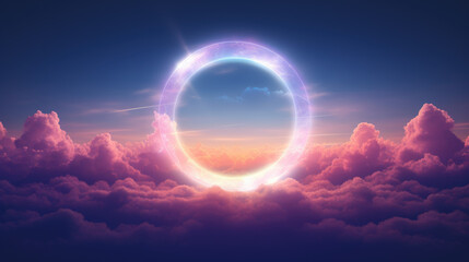 Beautiful neon colorful cloud with a rainbow ring background, in the style of luminous light effects, realistic landscapes with soft edges, dark violet and orange.	
 - obrazy, fototapety, plakaty