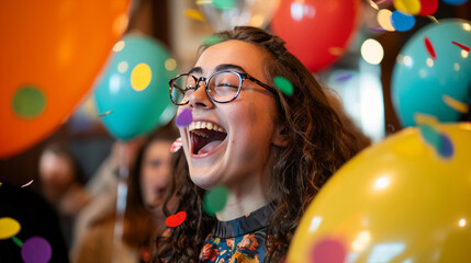 Fototapeta na wymiar Joyous candid moment at a surprise birthday party, expressions of amazement, balloons and confetti