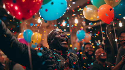 Joyous candid moment at a surprise birthday party, expressions of amazement, balloons and confetti