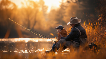 Naklejka premium Memory portrait of a grandfather and grandchild fishing, golden hour by the lake, vintage fishing gear, warm