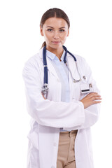 Happy woman, portrait and professional doctor standing with arms crossed on a white studio background. Female person, surgeon or medical employee with stethoscope in confidence for healthcare career