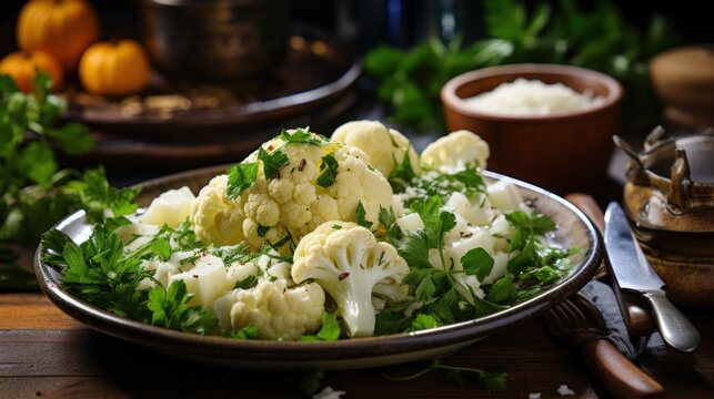 a bowl filled with cauliflower and parsley on top of a wooden table next to utensils.