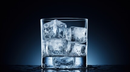  ice cubes in a glass of water on a black surface with a blue backgrounnd and a black backgrounnd.