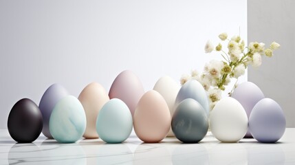  a group of eggs sitting on top of a table next to a vase with a flower in the middle of it.