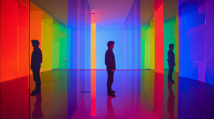 mirror room with infinite reflections, spectrum of colors and light bending effects