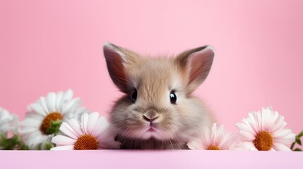 bunny with flowers on pastel background.easter greeting card