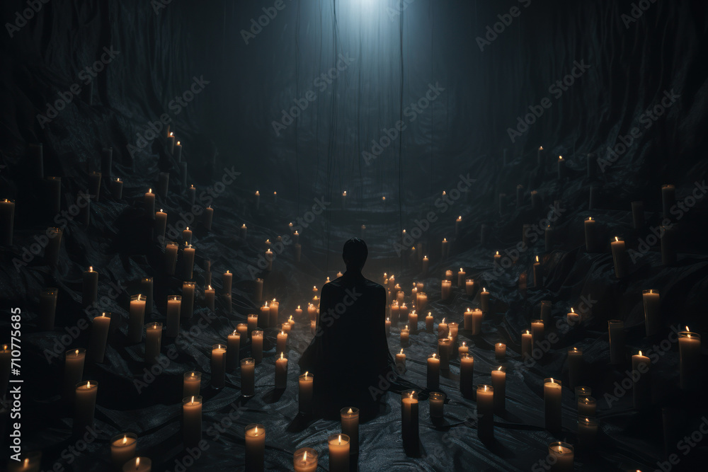 Poster a lone figure in a dimly lit room, surrounded by an array of flickering candles casting eerie shadow