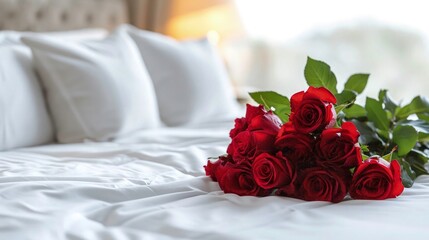 Fototapeta premium Bouquet of Red Roses with Luxurious Comfort bed