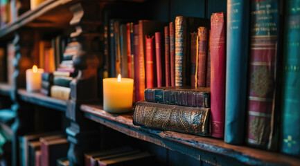 Bookshelf photo features vibrant covers and a lit candle