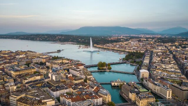 Geneva, Switzerland skyline view towards the Jet d'Eau fountain in Lake Geneva