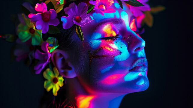 Psychedelic fashion portrait, model's face with UV glow-in-the-dark makeup, fluorescent flowers in hair