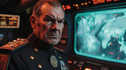 Sci-fi commander portrait, aboard a spaceship bridge, holographic maps in the background, determined expression, uniform adorned with medals