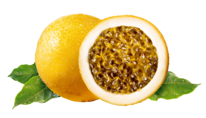 composição de maracujá inteiro e maracujá cortado acompanhado de folha isolado em fundo transparente