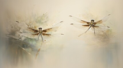  two dragonflies sitting on top of each other in front of a white and beige background with a green plant in the foreground.