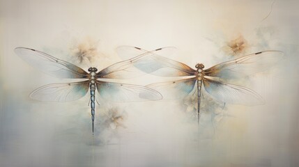  a painting of two dragonflies sitting on top of each other on a white and beige background with a blue sky in the background.