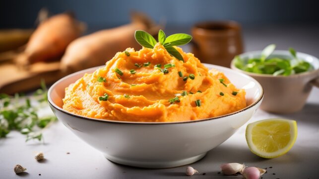  a white bowl filled with mashed potatoes and garnished with a sprig of fresh green leaves.