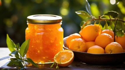  a bowl of oranges next to a jar of orange marmalade next to a bowl of oranges.