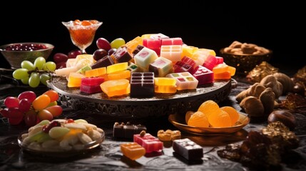  a platter of assorted fruit and chocolates next to a bowl of fruit and a glass of wine.
