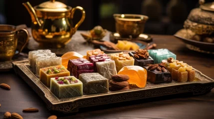 Foto op Plexiglas  a tray of different types of soaps on a table with a gold teapot and cups in the background. © Anna