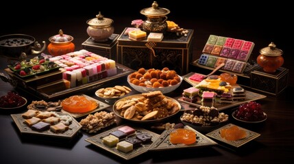 Fototapeta premium a table topped with lots of different types of cakes and desserts next to a box of candies and candies.