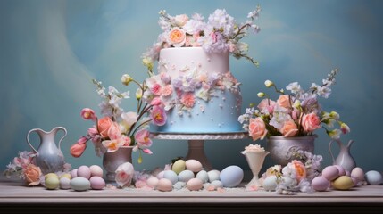  a table topped with a cake covered in frosting next to vases filled with flowers and an assortment of eggs.