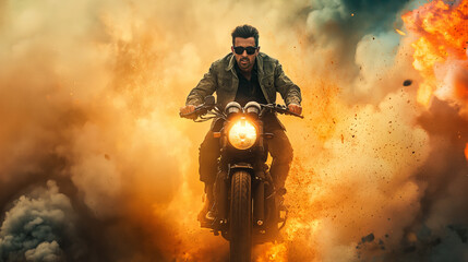 Action shot with man riding away from explosion on bike. Dynamic scene with fire in action movie blockbuster style