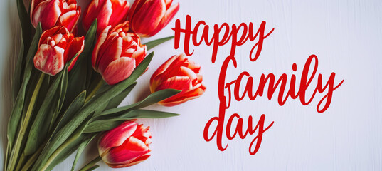 Happy family day written with red marker on joyful colorful flowers background