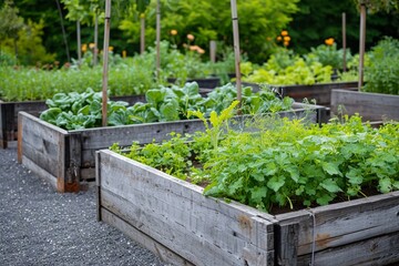 Fototapeta na wymiar Community kitchen garden. Raised garden beds with plants in vegetable community garden.