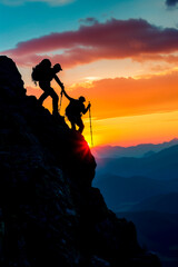 Hiker helping friend reach the mountain top