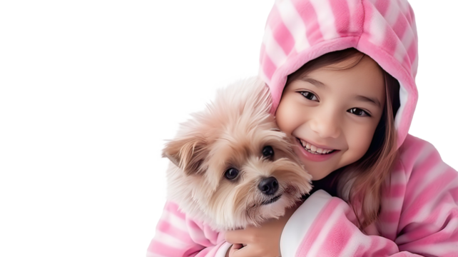 Latina girl in sweatshirt, hugging her golden retriever.