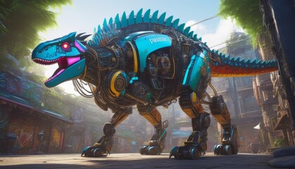 A large, colorful robot dinosaur stands in a tropical environment.