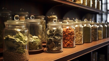 Glass jars of dry lavender and calendula flowers. Jars of dry medicinal herbs for making herbal tea. Alternative medicine. - obrazy, fototapety, plakaty