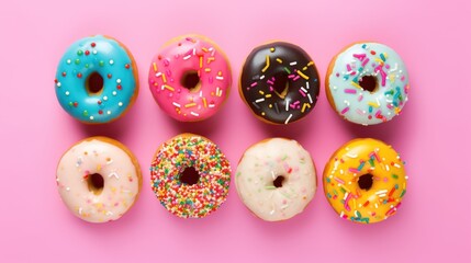  a group of doughnuts with sprinkles arranged in a row on a pink background, top view.