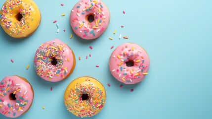 four donuts with pink frosting and sprinkles on a blue background with sprinkles.