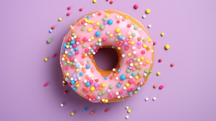  a donut with pink icing and sprinkles on a purple surface with a few scattered sprinkles. - obrazy, fototapety, plakaty