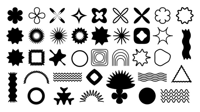 Naklejki Retro design elements, black and white naive playful abstract shapes sticker set, Trendy