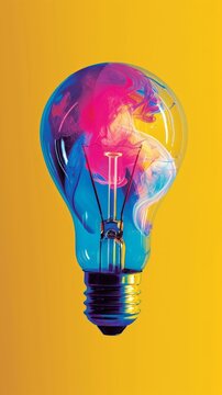Colorful Light Bulb on Yellow Background, Illuminating With Vibrant Colors