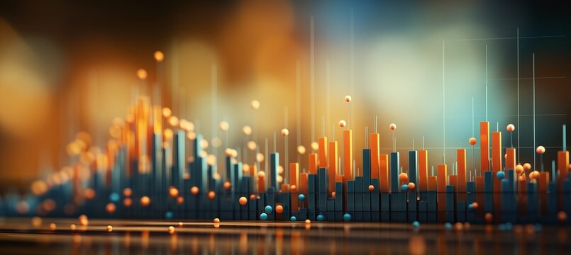 Abstract blurred bokeh effect with stock market charts and banking related imagery in vibrant colors