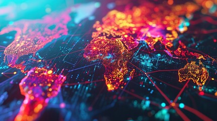Neon abstract map of continents, high-tech world of the future. Created with Generative Ai technology