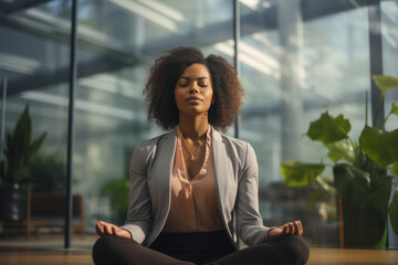 A person practicing mindful breathing exercises during a break at work, embracing the habit of stress relief through intentional breathwork. Concept of mindful relaxation. Generative Ai. - obrazy, fototapety, plakaty