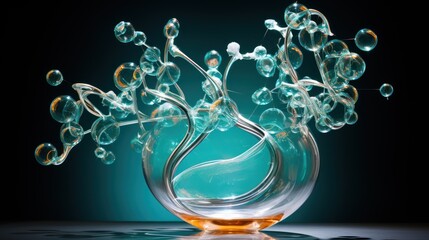  a glass vase filled with lots of bubbles on top of a blue table top next to a glass vase filled with lots of bubbles on top of water.