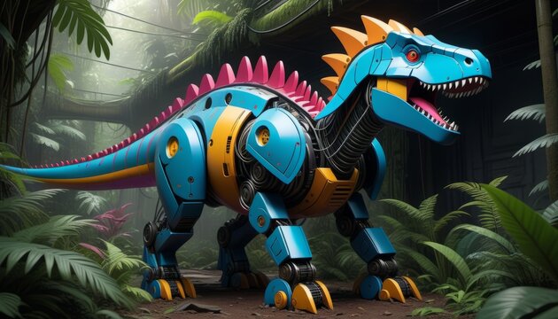 A colorful robot dinosaur stands in a jungle setting, surrounded by ferns and a dirt path.