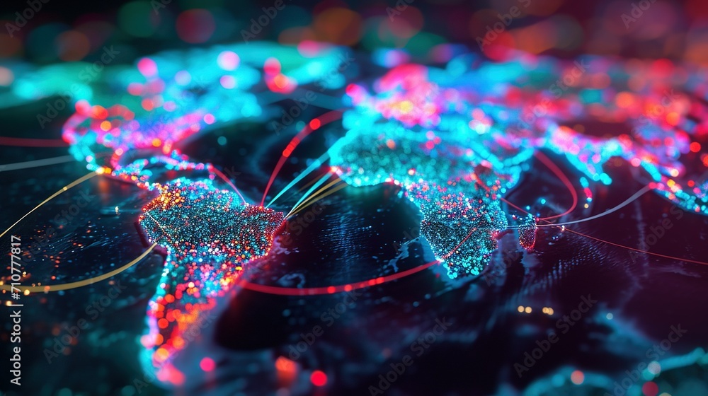 Wall mural neon abstract map of continents, high-tech world of the future. created with generative ai technolog