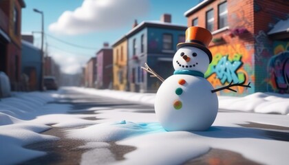 A snowman wearing a top hat and scarf stands in the middle of a snowy street. Two buildings are visible on the right and left, and the street is lit up with warm lights. The sky is blue