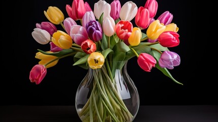  a vase filled with lots of colorful tulips on top of a black table next to a black wall.
