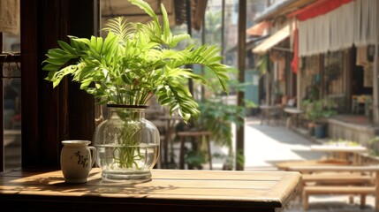  a potted plant sitting on top of a wooden table next to a glass vase filled with water and greenery.