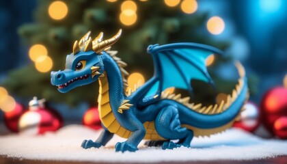 A blue and gold dragon toy stands in fake snow in front of a blurred Christmas tree with red and gold ornaments. The background is blue with yellow lights.